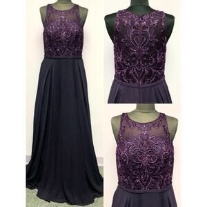 NWT $348 Clarisse 8025 Damask Eggplant Size 14 Maxi Dress